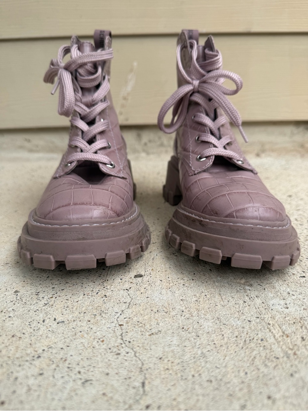 Schutz Orly Purple Croc Combat Boots Lug Sole Leather Womens 7.5 NWOB - Picture 2 of 16